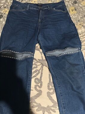 bebe Dark Blue Skinny Jeans with Knee Cutouts and Studded Trim